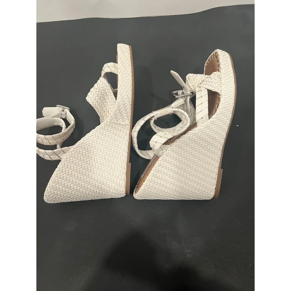 Steve Madden Jylan Wedge Sandals Womens 10 White Woven Knot Ankle Strap Summer